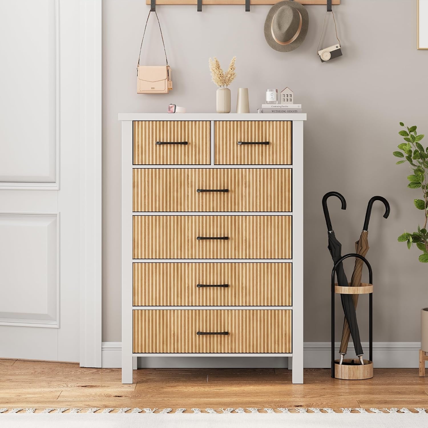 White 6 Drawer Fluted Dresser with Wood Legs-4