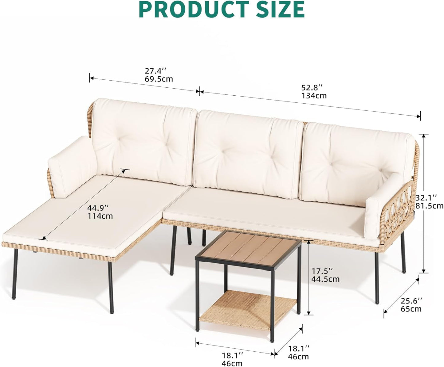 Patio Furniture Set, 3-Piece Outdoor Wicker Conversation Sectional L-Shaped Sofa with 4 Seater for Backyard, Porch, Boho Detachable Lounger with Cushions and Coffee Table - Beige-1