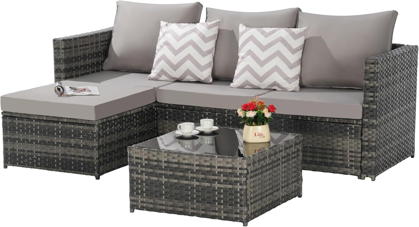 3 Pieces Patio Furniture Set All-Weather Outdoor Wicker Sectional Conversation Sofa Rattan Patio Sofa W/Cushion & Glass Table,Patio Conversation Set,Backyard Furniture for Porch (Light Gray)-3