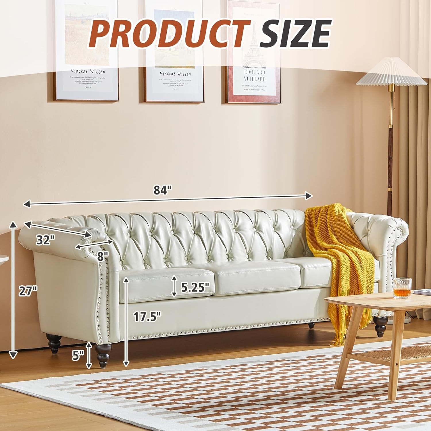 3 Piece Living Room Set, Chesterfield Faux Leather Sofa Loveseat Couch Chair with Scroll Arms and Nailhead for Living Room, Office (White)-3