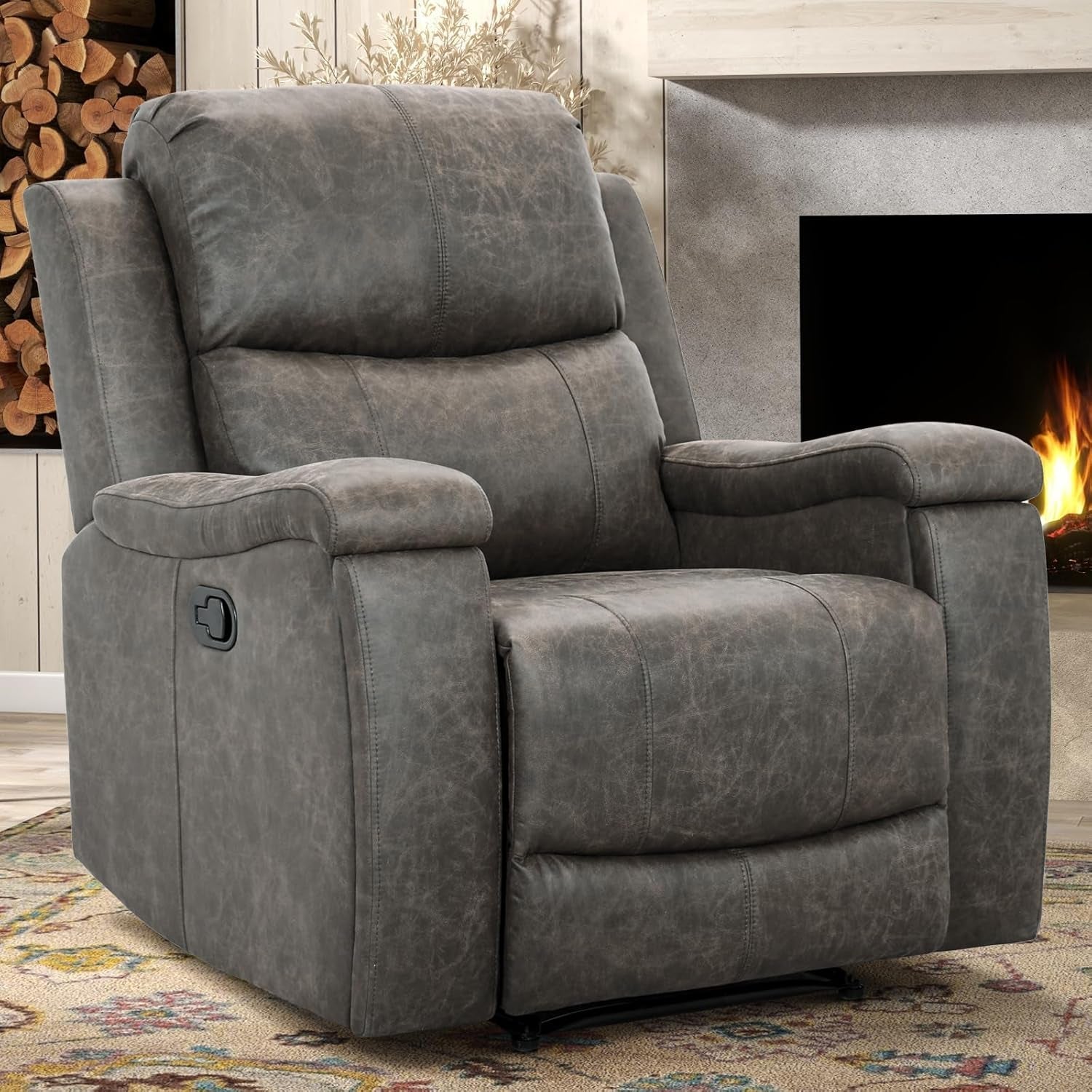 Leather Recliner Chair, Classic and Traditional Manual Recliner Chair with Overstuffed Arms and Back, Manual Single Sofa with Concealed Cup Holders,Grey-2