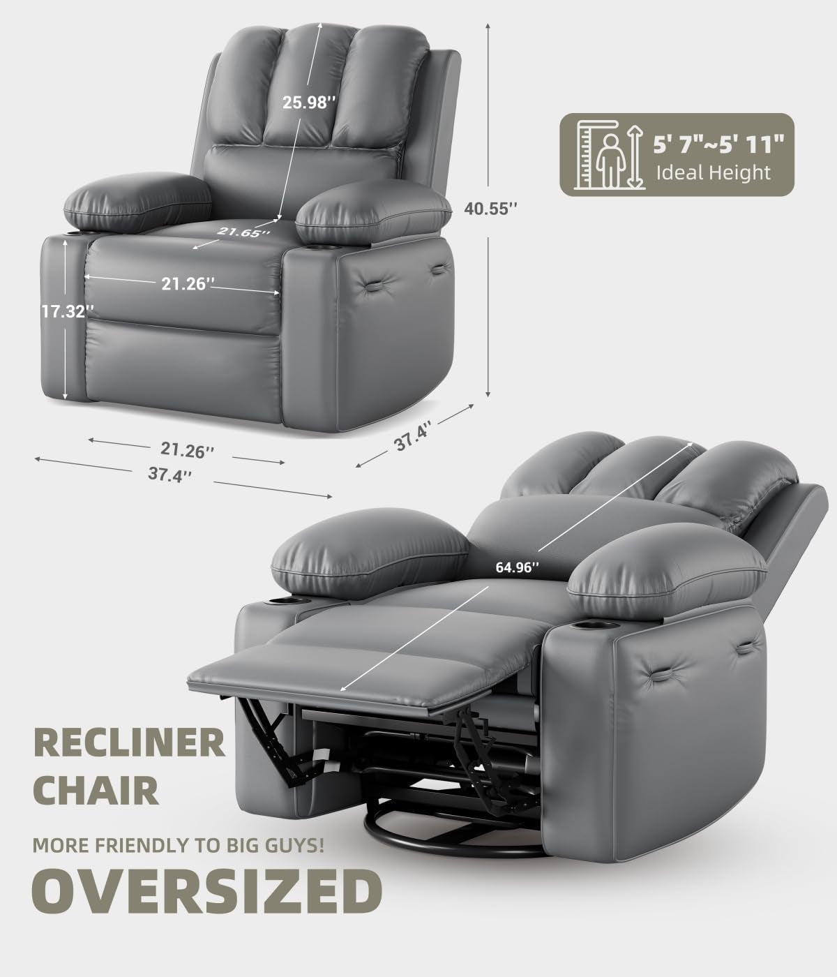 Oversized Recliner Chairs with Heat and Massage - 360° Swivel Lazy Recliner Chair for Adults- Manual Rocking Chair with Cup Holder for Living Rooms, Bedrooms and Nurseries - Grey-1