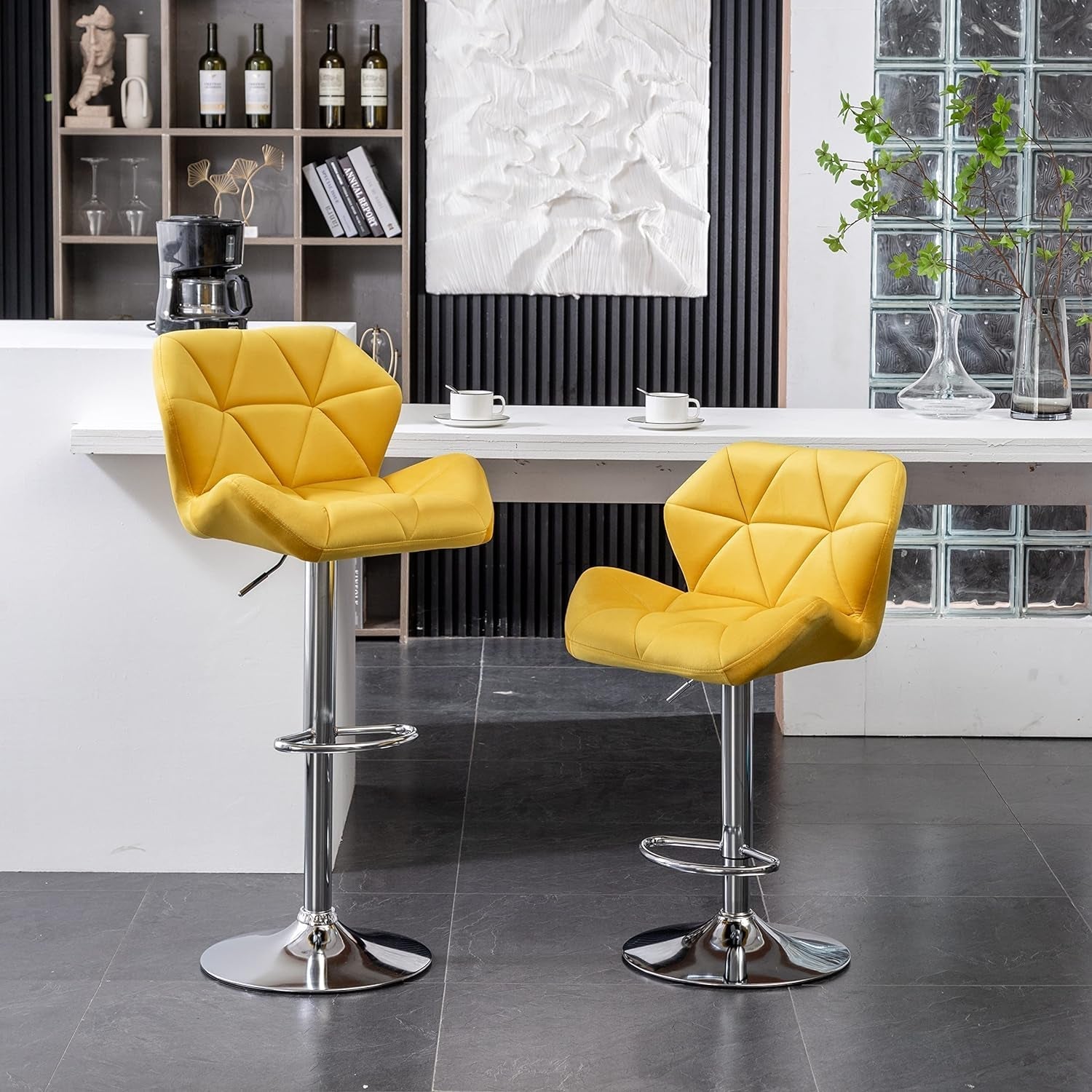 Breni Velvet Diamond Tufted Swivel Adjustable Height Barstools, Set of 2, Yellow-2