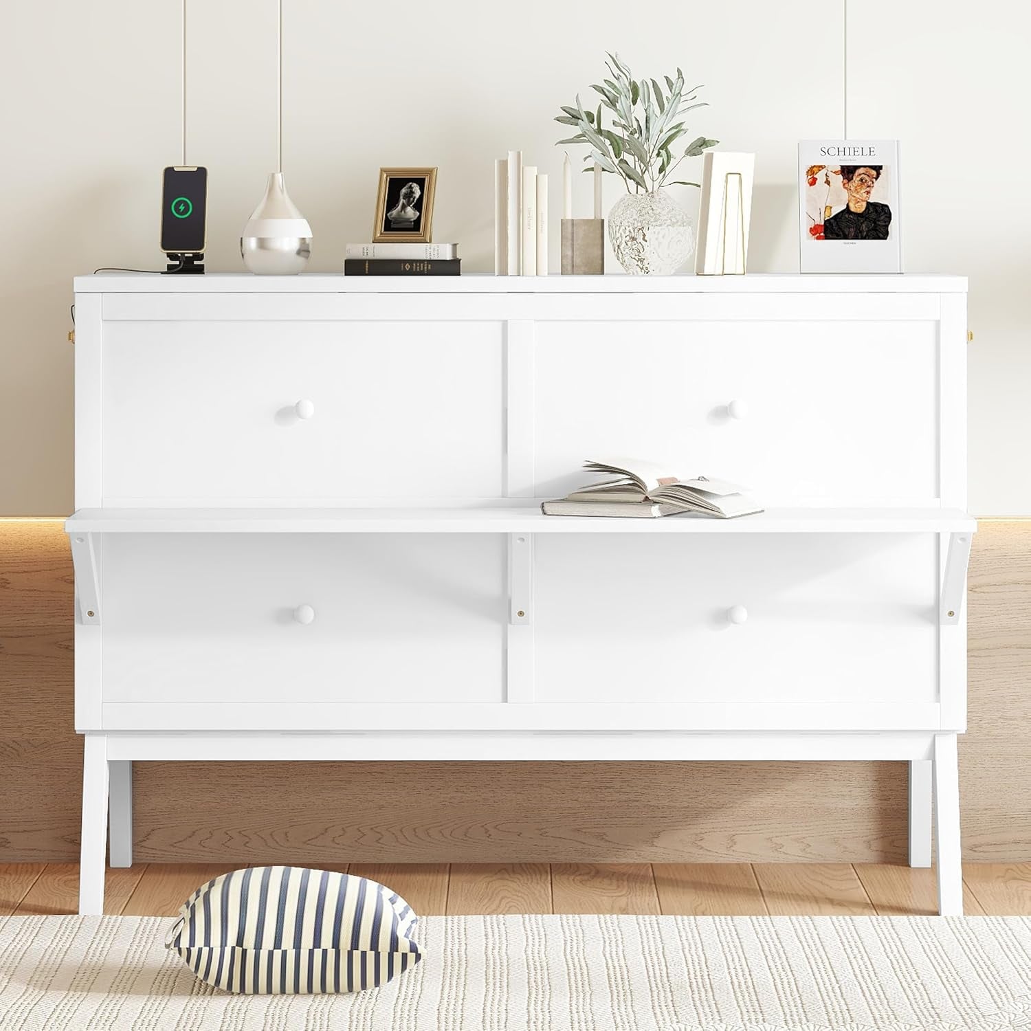 Walnut Queen Murphy Bed Cabinet USB Charging-5