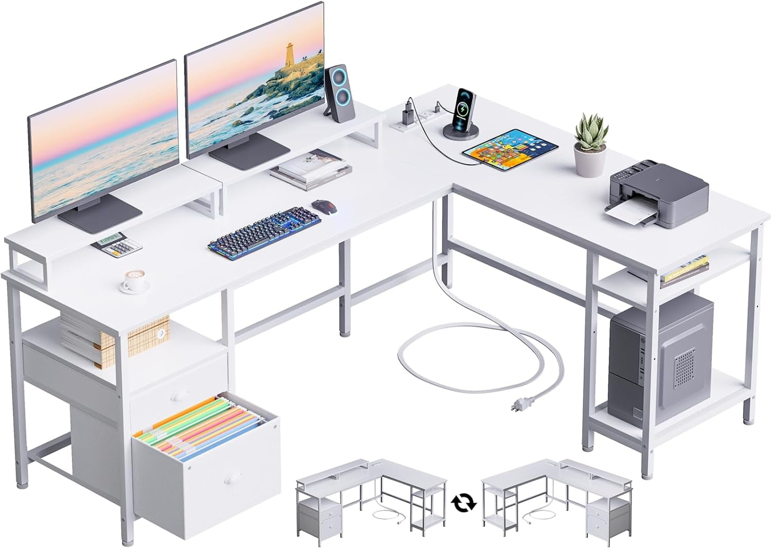 66” L Shaped Desk with Power Outlet, Reversible Computer Gaming Desk with File Drawer & 2 Monitor Stands for Home Office with Storage Shelves, White-0