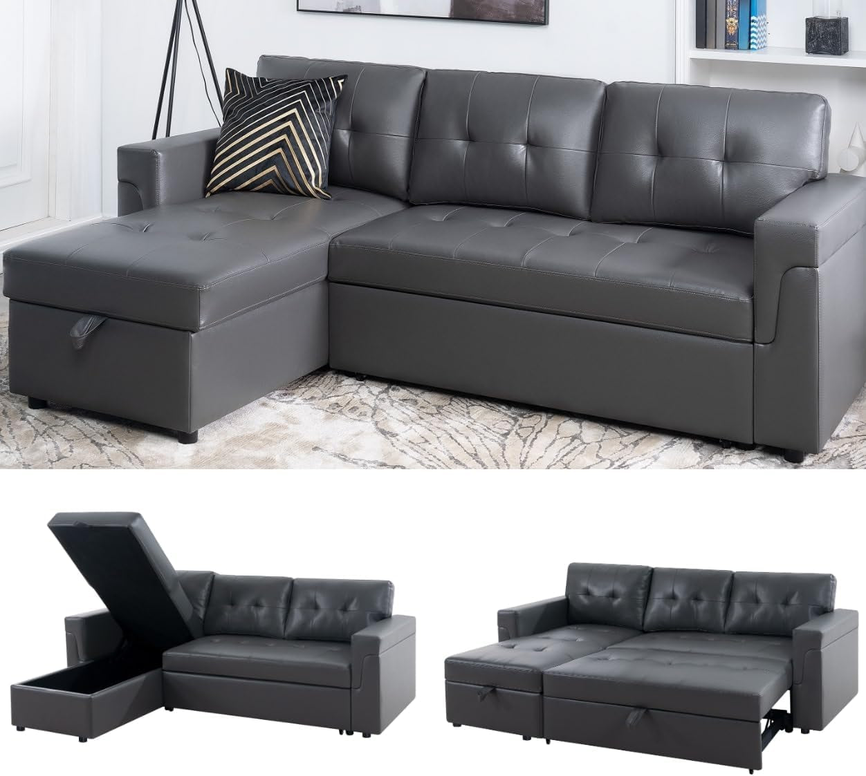 Transform Any Space: Sleeper Sectional Sofa with Convertible Sofa Bed & Inviting Chaise. Find Tranquil Comfort with Stress-Relieving Design & Durable Cushions - Dark Gray/Air Leather-0