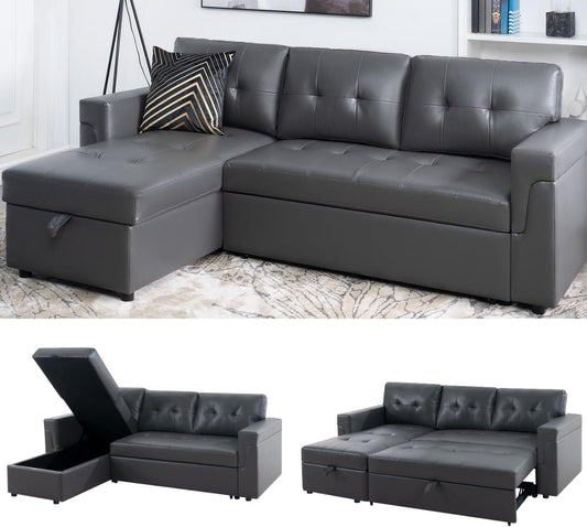 Transform Any Space: Sleeper Sectional Sofa with Convertible Sofa Bed & Inviting Chaise. Find Tranquil Comfort with Stress-Relieving Design & Durable Cushions - Dark Gray/Air Leather-0