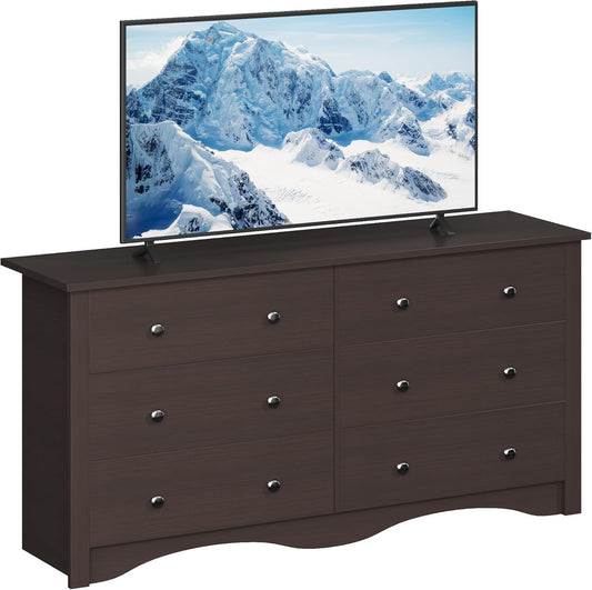 6 Wood Drawers Dresser for Bedroom, Double Dresser for TV up to 65 Inch, TV Stand Storage Chest of Drawers for Living Room Hallway Entryway (Brown)-0