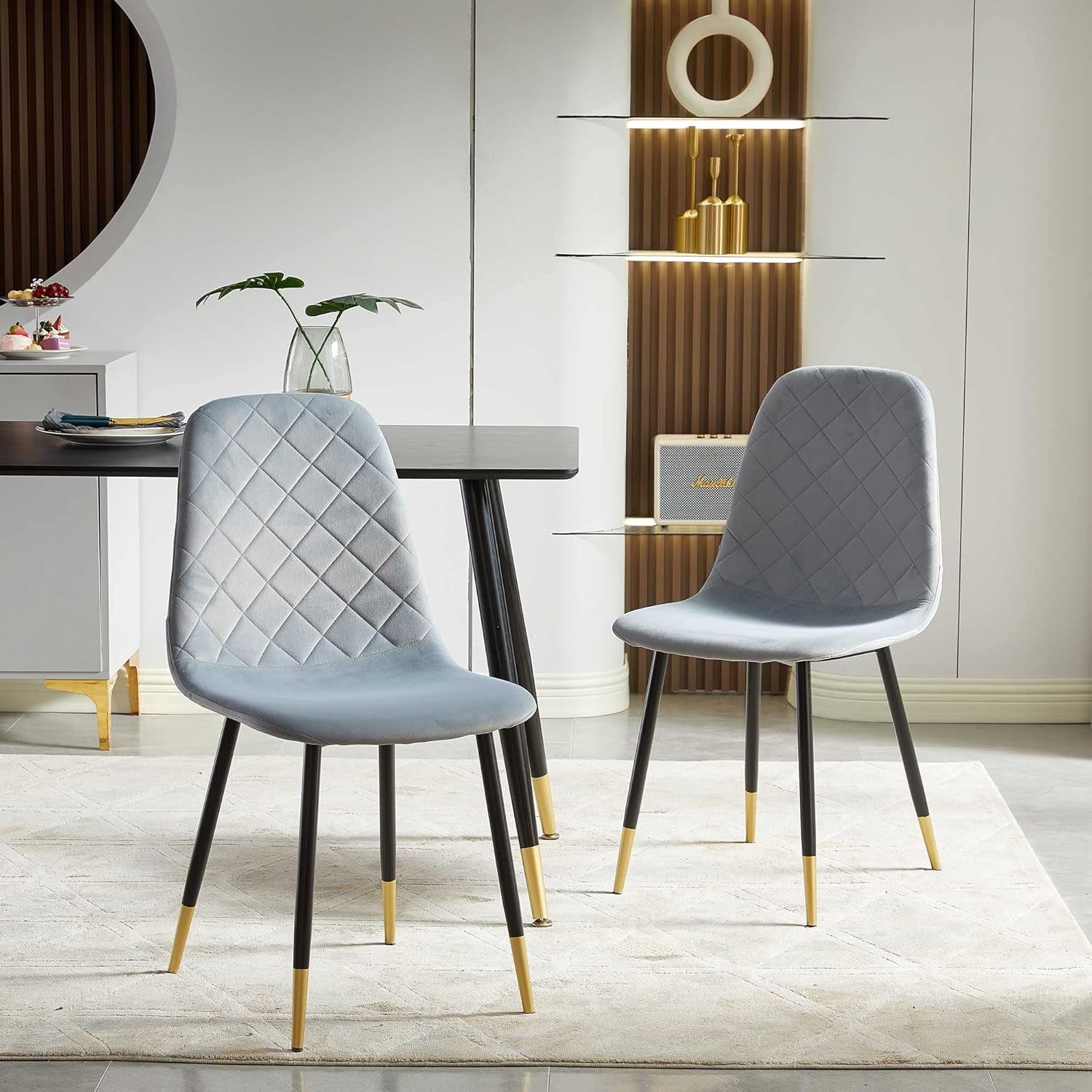 Velvet Dining Chairs Kitchen Plain Color Chair Upholstered Side Stools with Backrest Metal Legs Set of 4, Grey-3
