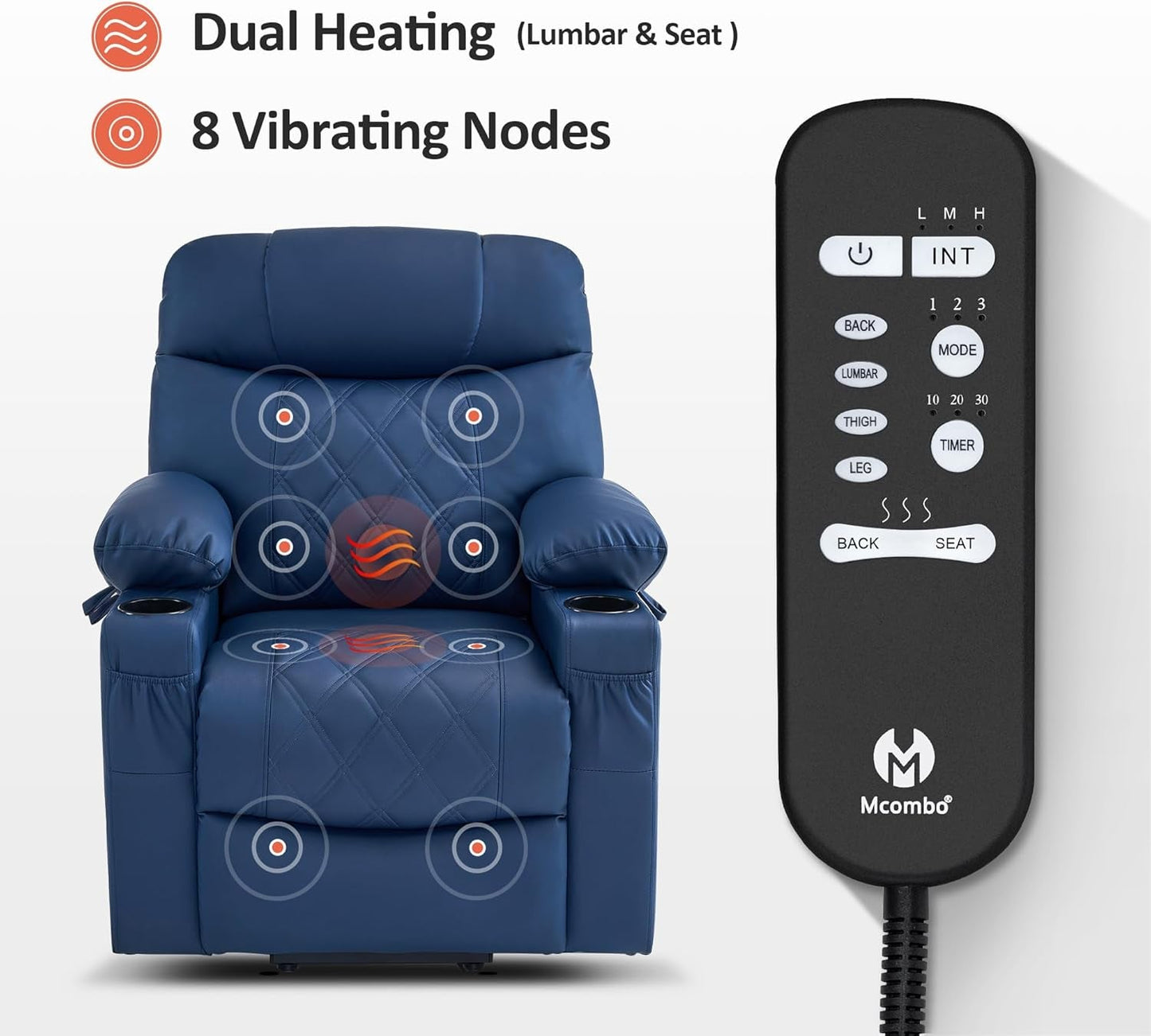 Small Size Electric Power Lift Recliner Chair Sofa with Massage and Dual Heating, Adjustable Headrest for Elderly People Petite, USB Ports, Faux Leather 7111 (Blue)-4