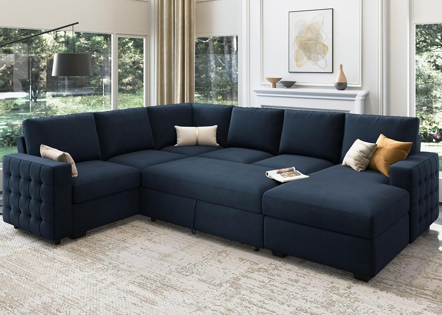 Velvet U-Sectional Sleeper Sofa, Pull-Out Bed, Blue-2