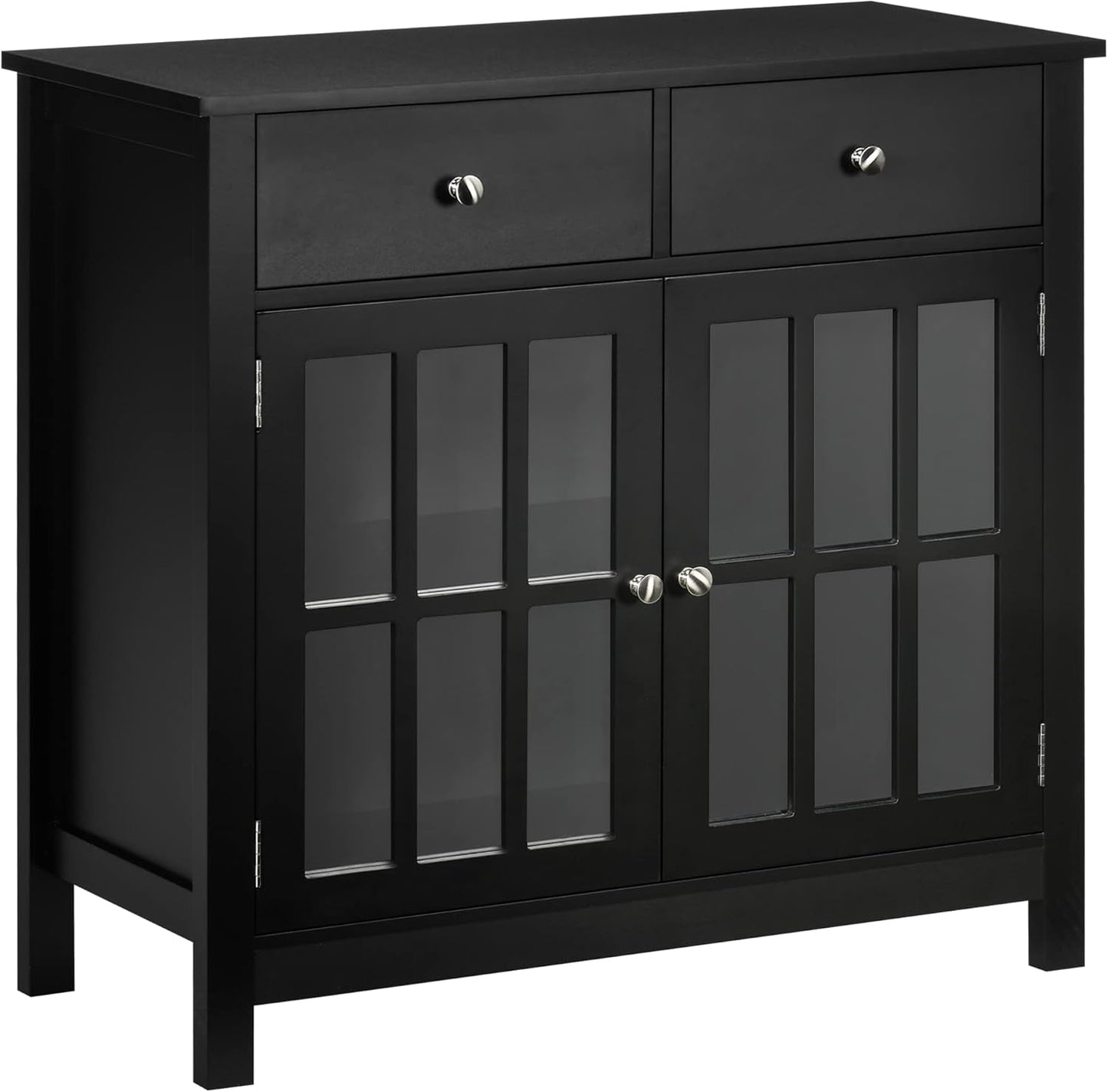 Sideboard Buffet Cabinet, Accent Kitchen Cabinet with Glass Doors, Adjustable Shelf and 2 Drawers for Kitchen, Black-0