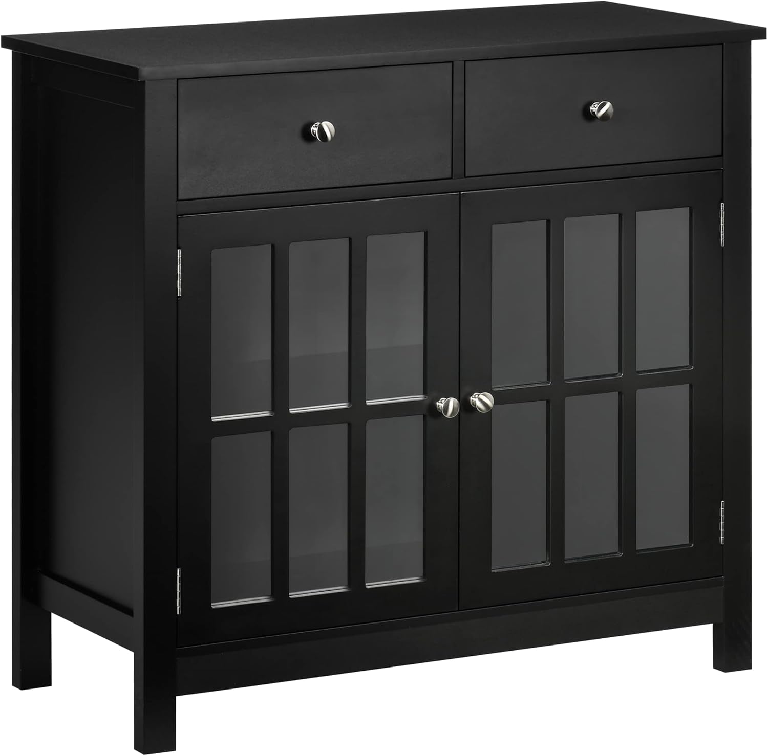 Sideboard Buffet Cabinet, Accent Kitchen Cabinet with Glass Doors, Adjustable Shelf and 2 Drawers for Kitchen, Black-0
