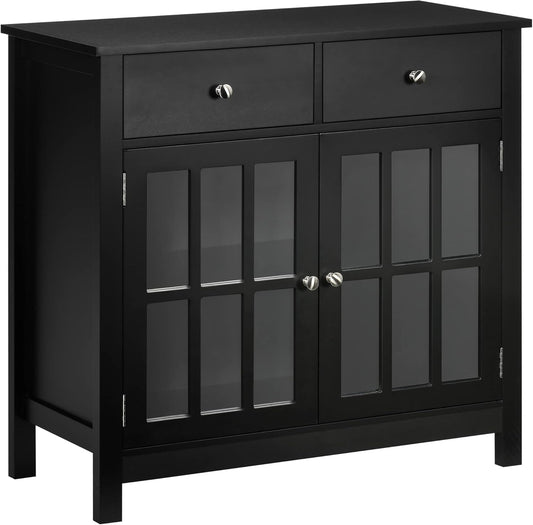Sideboard Buffet Cabinet, Accent Kitchen Cabinet with Glass Doors, Adjustable Shelf and 2 Drawers for Kitchen, Black-0