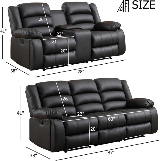 Faux Leather Manual Recliner Sofa Set, Loveseat Reclining Sofa and 3 Seat Recliner Sofa, Couch Set for Living Room, Bedroom, Meeting Room, Black(Loveseat+Sofa)-1