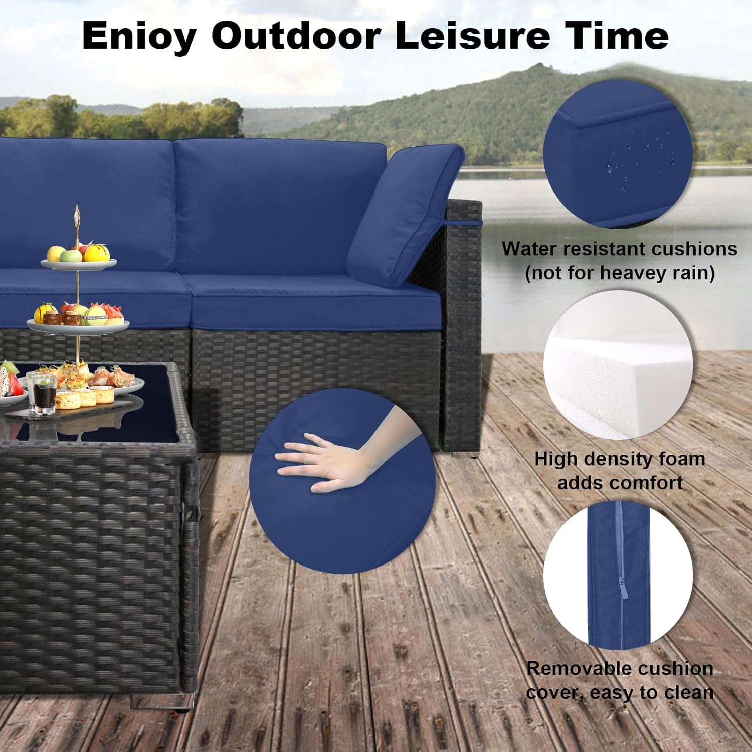 7 Pieces Outdoor Patio Furniture Sets,Rattan Conversation Sectional Set,Manual Weaving Wicker Patio Sofa with Tea Table-3