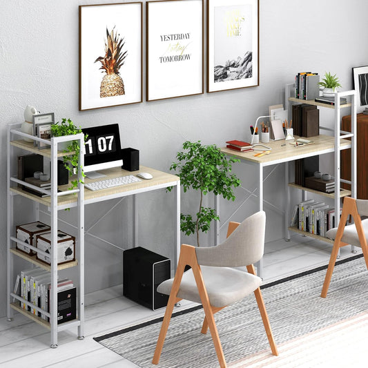 35" Small Computer Desk with 4-Tier Bookshelf, Home Office Desk Writing Workstation Study Table Multipurpose for Small Space Work - Natural and White-1