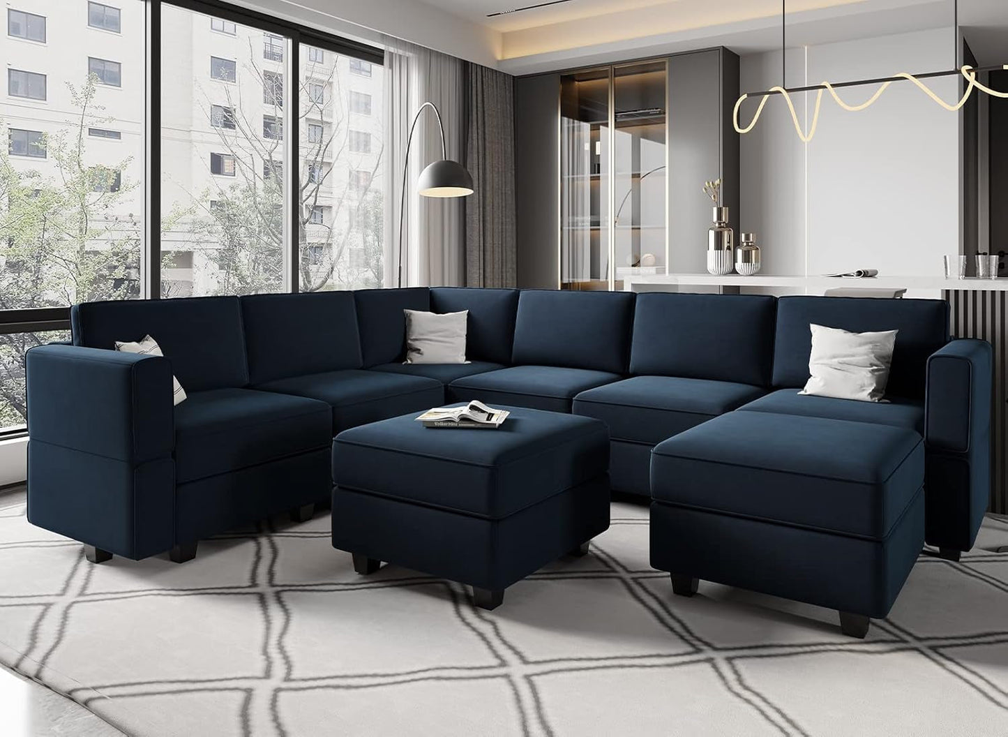 Modular Velvet Sectional Sofa with Storage Seat Oversized U Shaped Couch with Reversible Chaise Sofa Set with Ottoman Blue-0