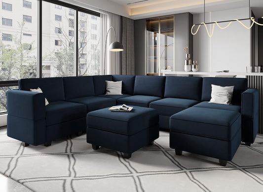 Modular Velvet Sectional Sofa with Storage Seat Oversized U Shaped Couch with Reversible Chaise Sofa Set with Ottoman Blue-0