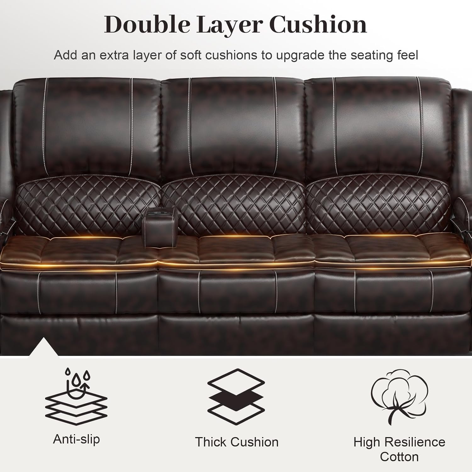 3-Seater Recliner Sofa, Manual Reclining Couch with Multi-Functional Middle Seat, Reclining Sofa for Living Room with Hidden Storage Space, Cup Holders, and Removable Console - Brown-4