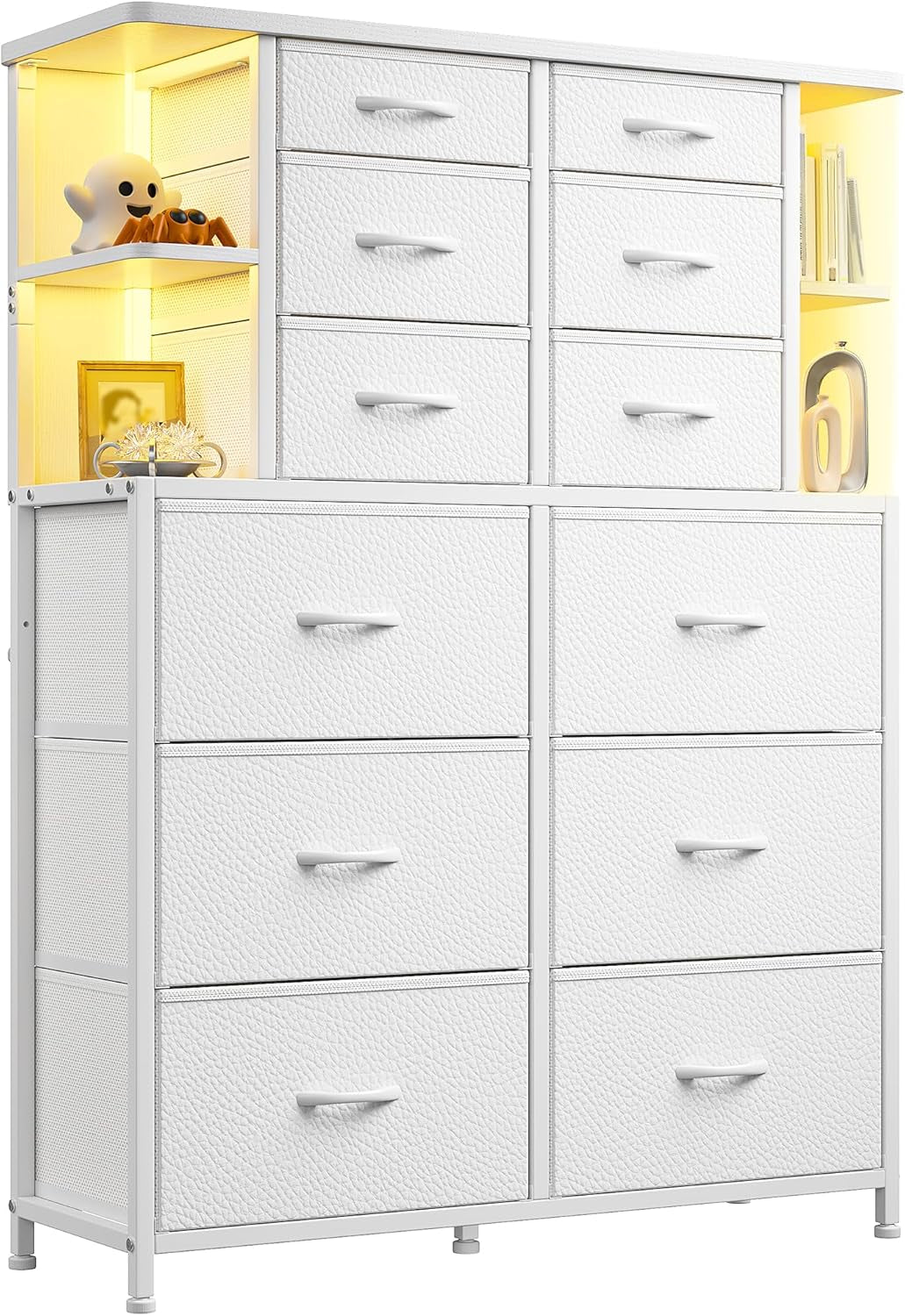Dresser for Bedroom with LED Lights, 12 Drawers Bedroom Dresser, Black Dresser and Tall Dresser with Open Shelves, Fabric Dressers & Chests of Drawers with Sturdy Metal Frame, White-0