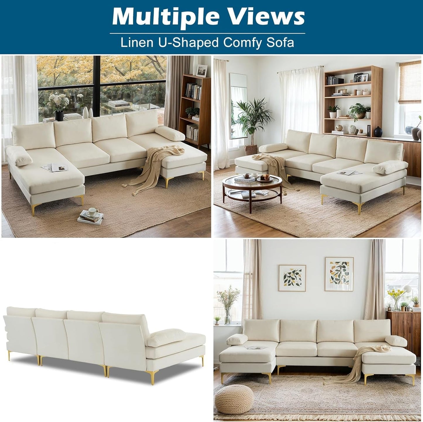 110" Modern U Shaped Sectional Couch with 51"D Double Chaise for Living Room, Beige Deep Seat Sectional Sofa Sets with 5.9" Thickness Seating Padding for Home Furniture,Linen Fabric,Metal Legs-3