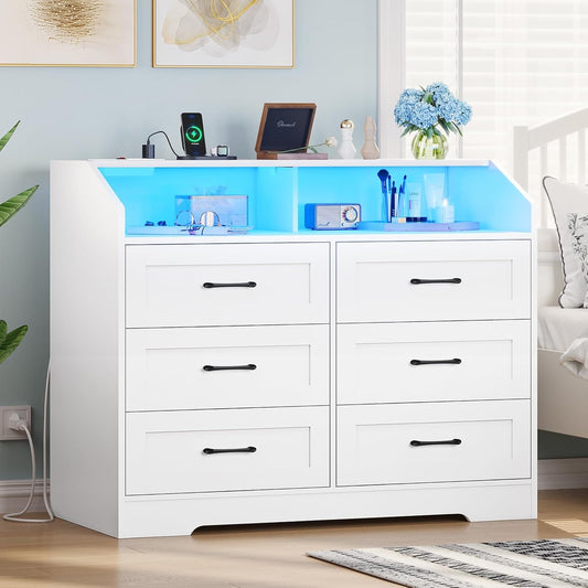 White Dresser for Bedroom with LED Lights and Charging Station, Modern Wood 6 Drawers Storage Tower Clothes Organizer, Large Capacity Chest of Drawers Storage Cabinet for Bedroom, Living Room-0