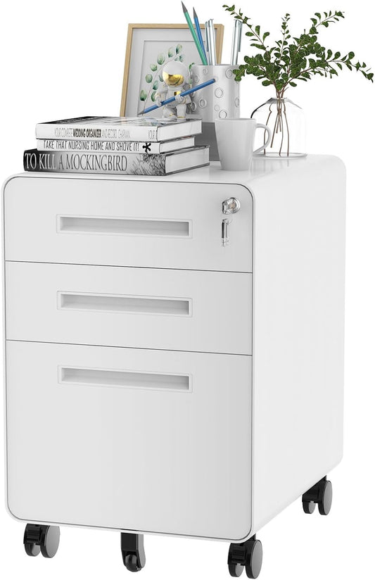 Mobile File Cabinet for Home Office 3 Drawer File Cabinet under Desk Storage Filing Cabinet for Legal/Letter/A4 File,Round Corner Design,White-0