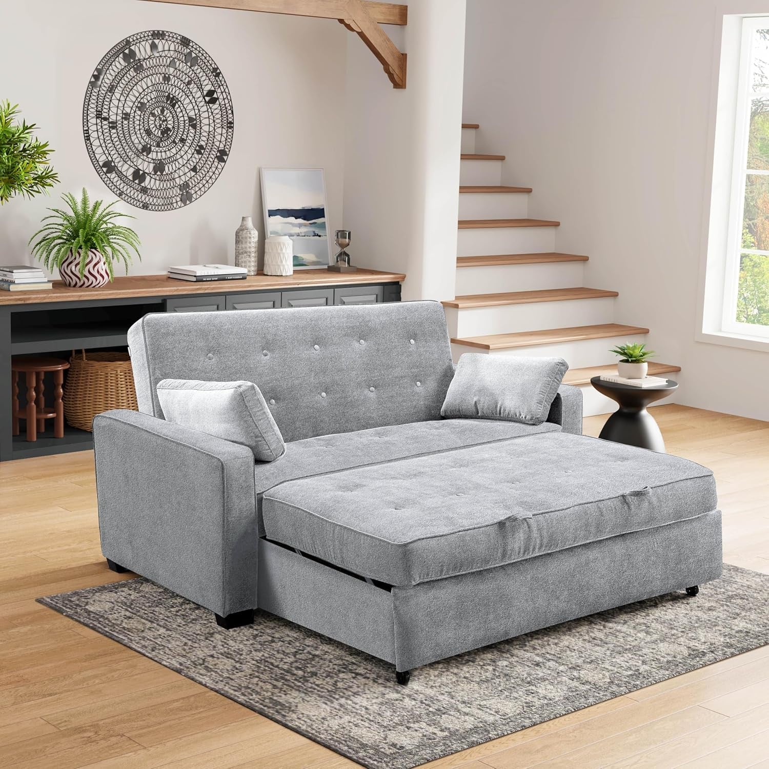 Lifestyle Solutions Ainsley Full Size Convertible Loveseat, Light Grey-2