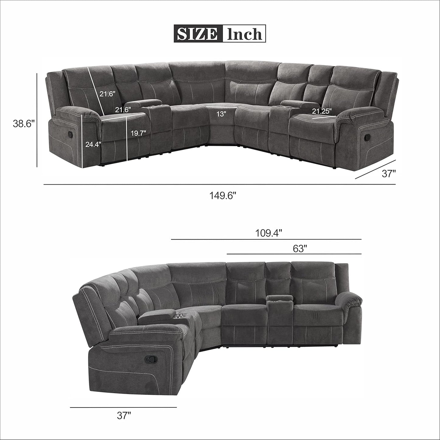 Manual Reclining Sectional Sofa  Premium Fabric, Console-1