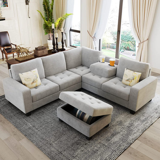 Sectional Sofas 3-Seat Sofa Sectional Sofa Couches with Storage Ottoman and 2 Cup Holders, Sofa Lounge and Ottoman for Living Room Furniture-0
