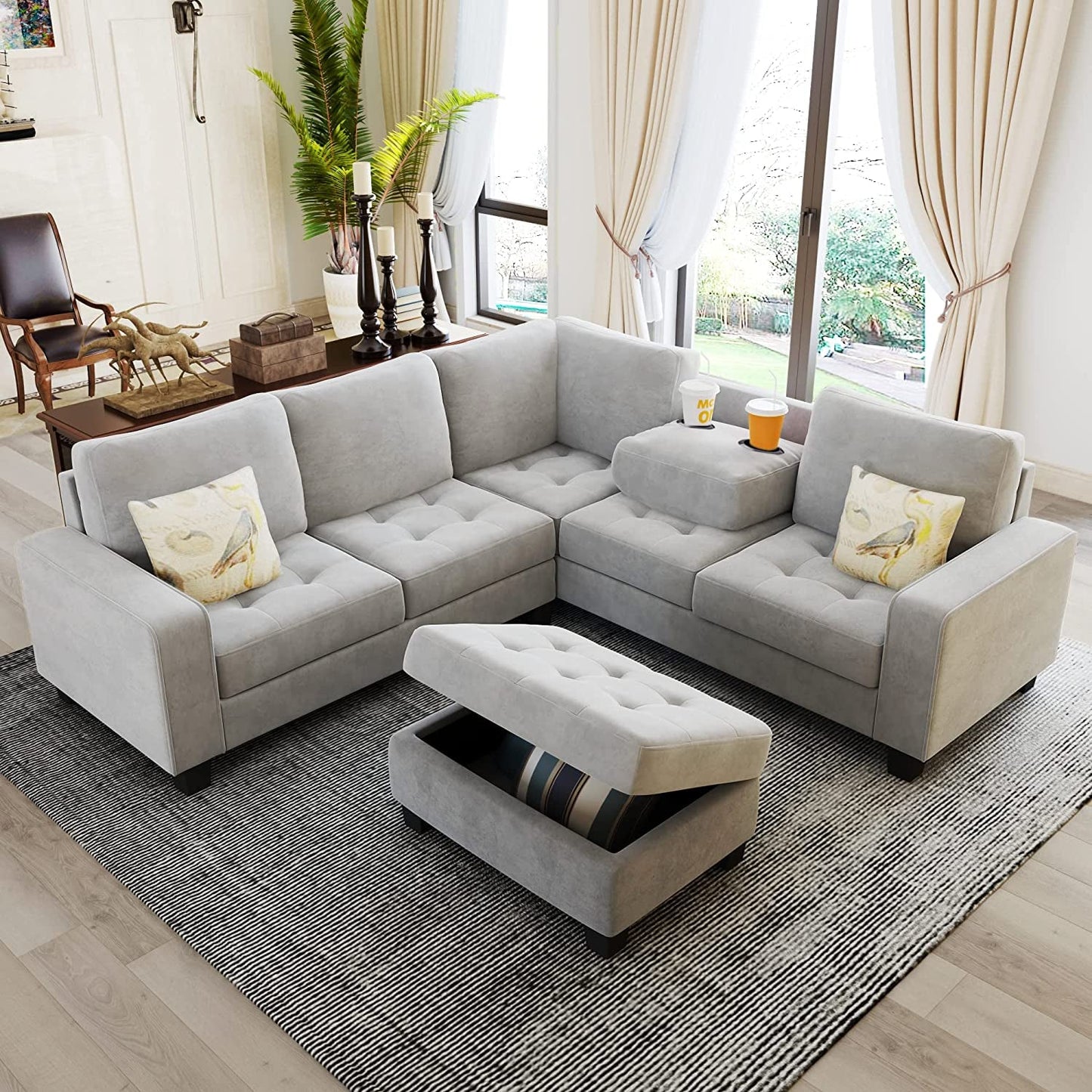 Sectional Sofas 3-Seat Sofa Sectional Sofa Couches with Reversible Chaise Storage Ottoman and 2 Cup Holders, Sofa Lounge and Ottoman for Living Room Furniture-0