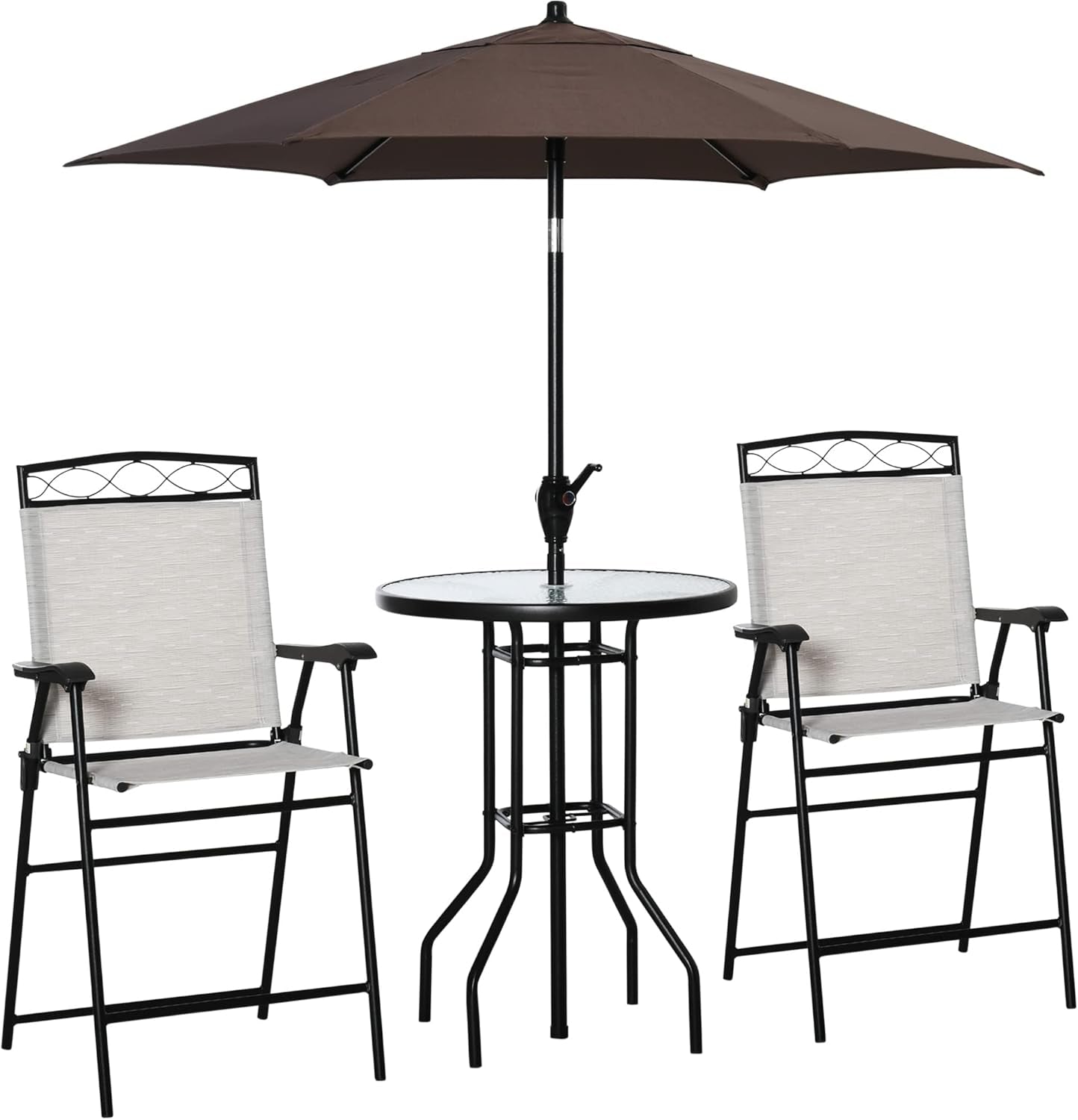 4 Piece Outdoor Patio Dining Furniture Set, 2 Folding Chairs, Adjustable Angle Umbrella, Wave Textured Tempered Glass Dinner Table, Beige-0