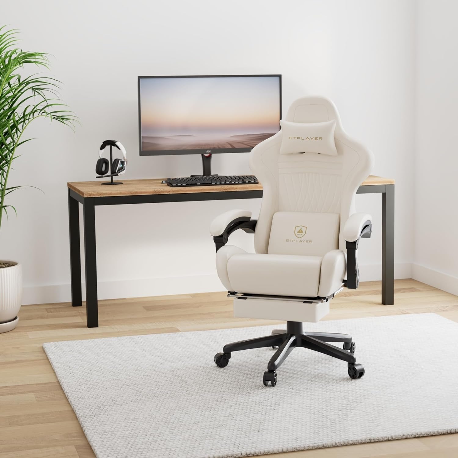 Bluetooth Speaker Gaming Chair with Footrest, Ivory-0