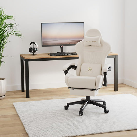 Bluetooth Speaker Gaming Chair with Footrest, Ivory-0