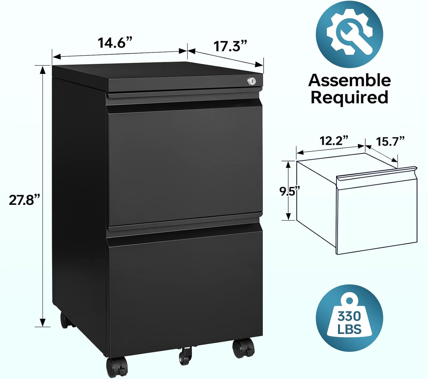 2 Drawer File Cabinet on Wheels, Home Office Mobile under Desk with Lock, Vertical Files Drawers for Legal/Letter/A4,Fully Assembled-2