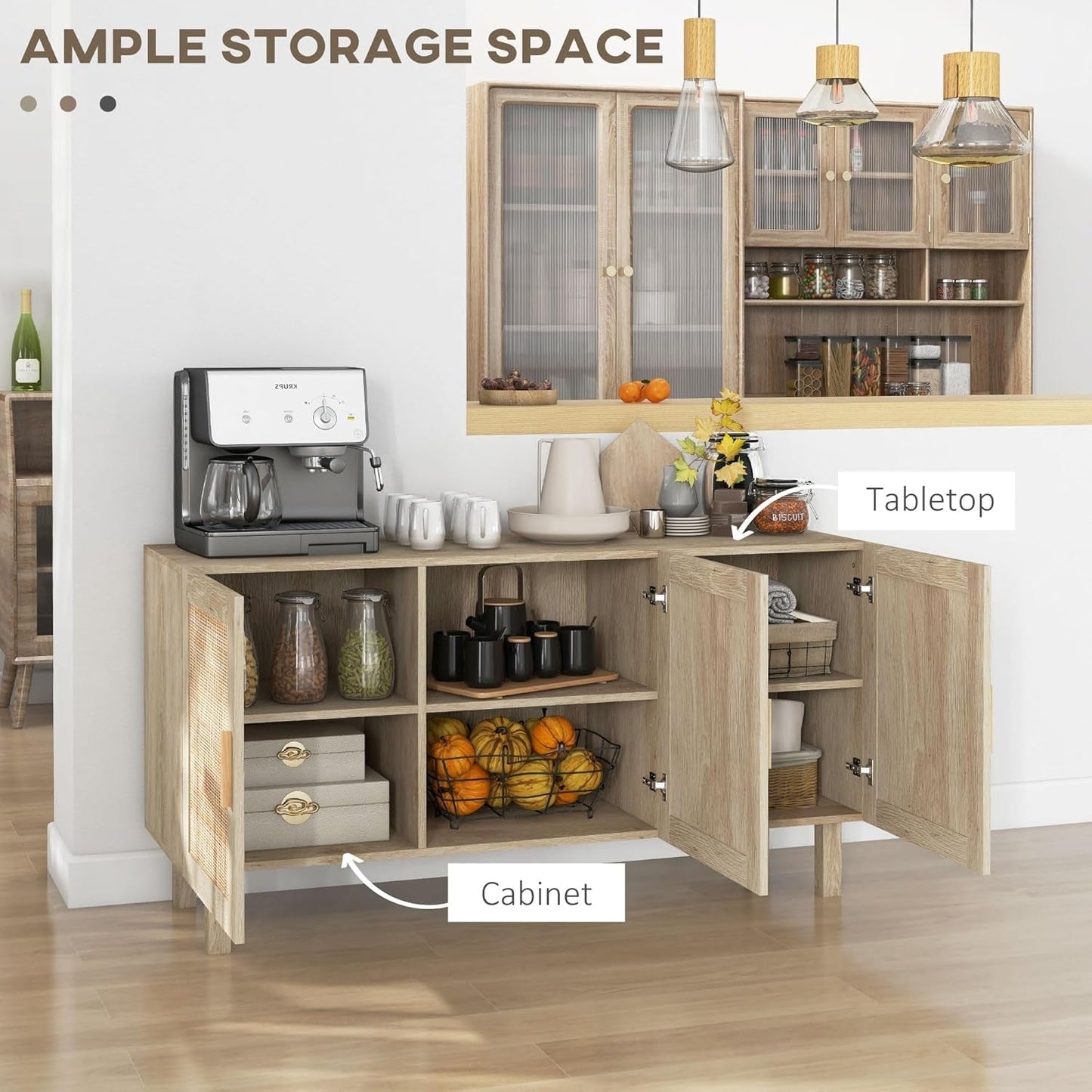 Sideboard Buffet Cabinet, Kitchen Cabinet, Coffee Bar Cabinet with 3 Rattan Doors and Adjustable Shelves, White and Natural-3