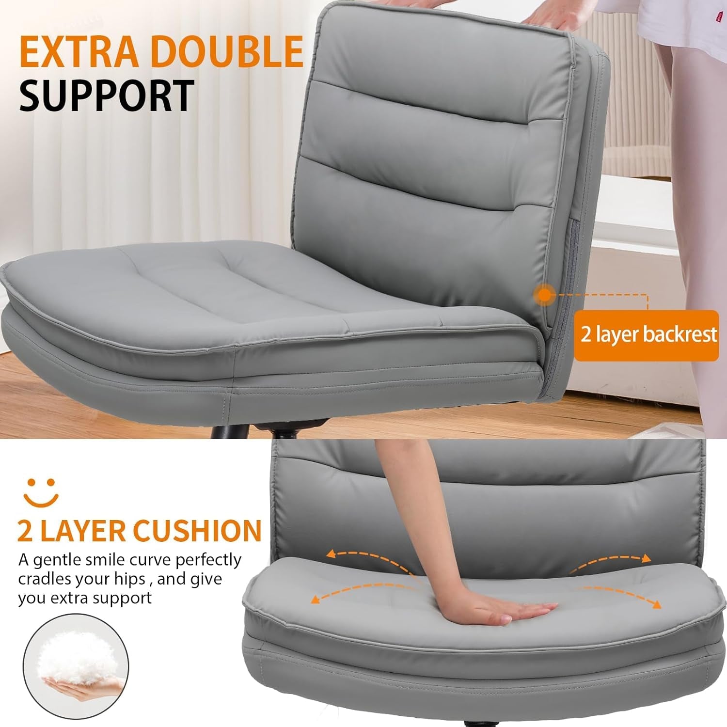 Criss Cross Chair with Wheels, Armless Wide Cross Legged Office Chair Mid Back, Modern Home Office Desk Chair Swivel Adjustable Vanity Computer Chair, Gray-3