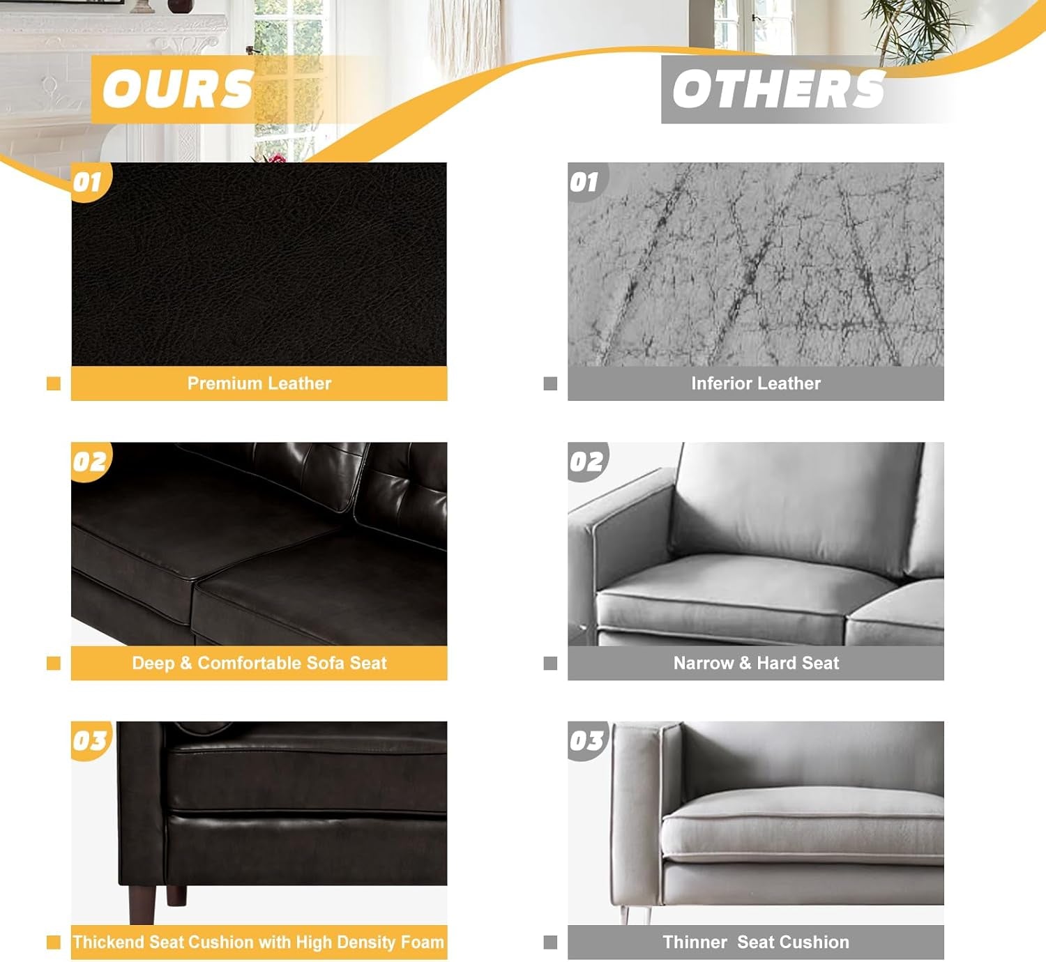 2 Pieces Faux Leather Couch Set, Upholstered 3 Seat & Loveseat Sofa with Bolster Pillows, Mid Century Modern Couch Set with Wooden Legs for Living Room, Bedroom, Office. Dark Brown-4