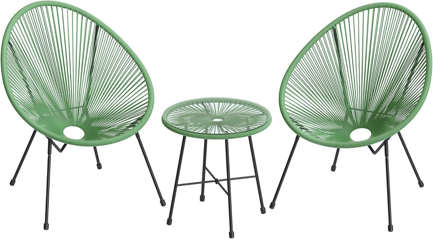 3-Piece Outdoor Seating Acapulco Chair, Modern Patio Furniture Set, Glass Top Table and 2 Chairs, Indoor and Outdoor Conversation Bistro Set, Light Green UGGF011C01-0