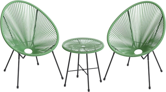 3-Piece Outdoor Seating Acapulco Chair, Modern Patio Furniture Set, Glass Top Table and 2 Chairs, Indoor and Outdoor Conversation Bistro Set, Light Green UGGF011C01-0