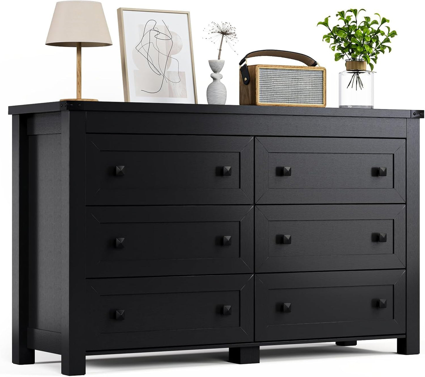 Black Dresser for Bedroom with 6 Drawers, Modern Chest of Drawers, Wood Dressers Bedroom Furniture Wide Storage Drawers Dressers Organizer for Closet, Living Room, Hallway-0