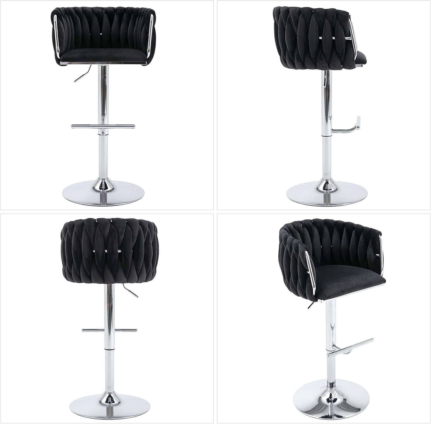Modern Swivel Bar Stools Set of 2, Velvet Adjustable Height Barstool with Barrel Back Kitchen Island Counter Bar Chair with Chrome Base, Black-3