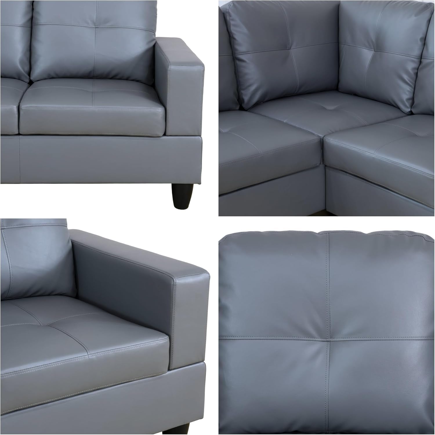 L Shaped Sectional Couches, Modern Convertible Lounge Leather Couch with Ottoman Storage, Comfy Modular Sectional Sofa for Living Room Furniture Sets, Small Spaces, Dark Grey-3