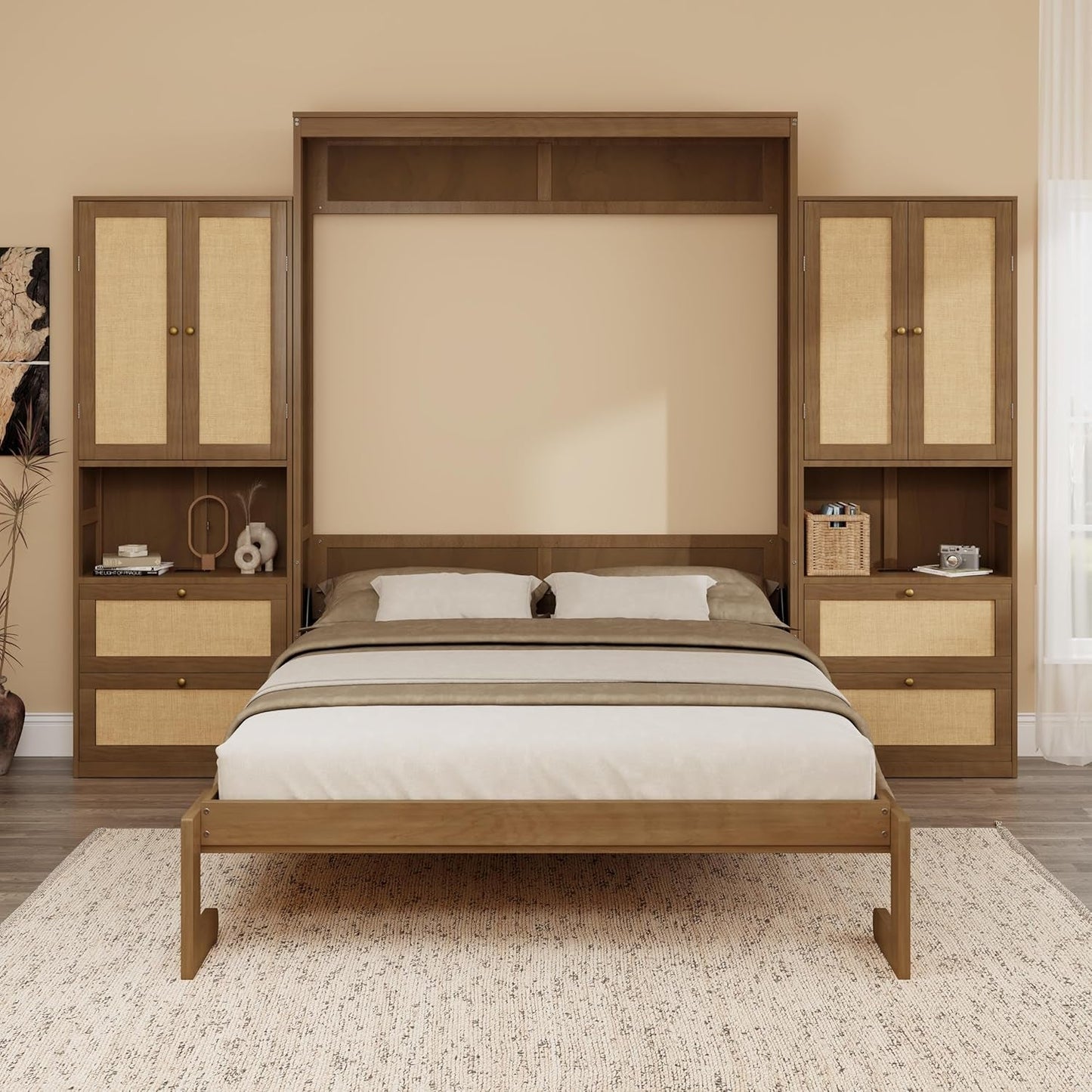 Queen Size Solid Wood Rattan Murphy Bed Cabinet-2