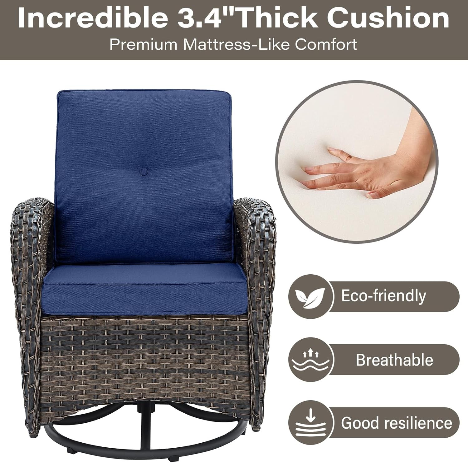 Patio Wicker Chairs Swivel Rocker Outdoor Swivel Rocking Chairs Set of 2 with Rattan Side Table Swivel Glider Chair 3 Piece Patio Furniture Sets for Patio Porch Pool Brown/Blue, (A085-1)-4