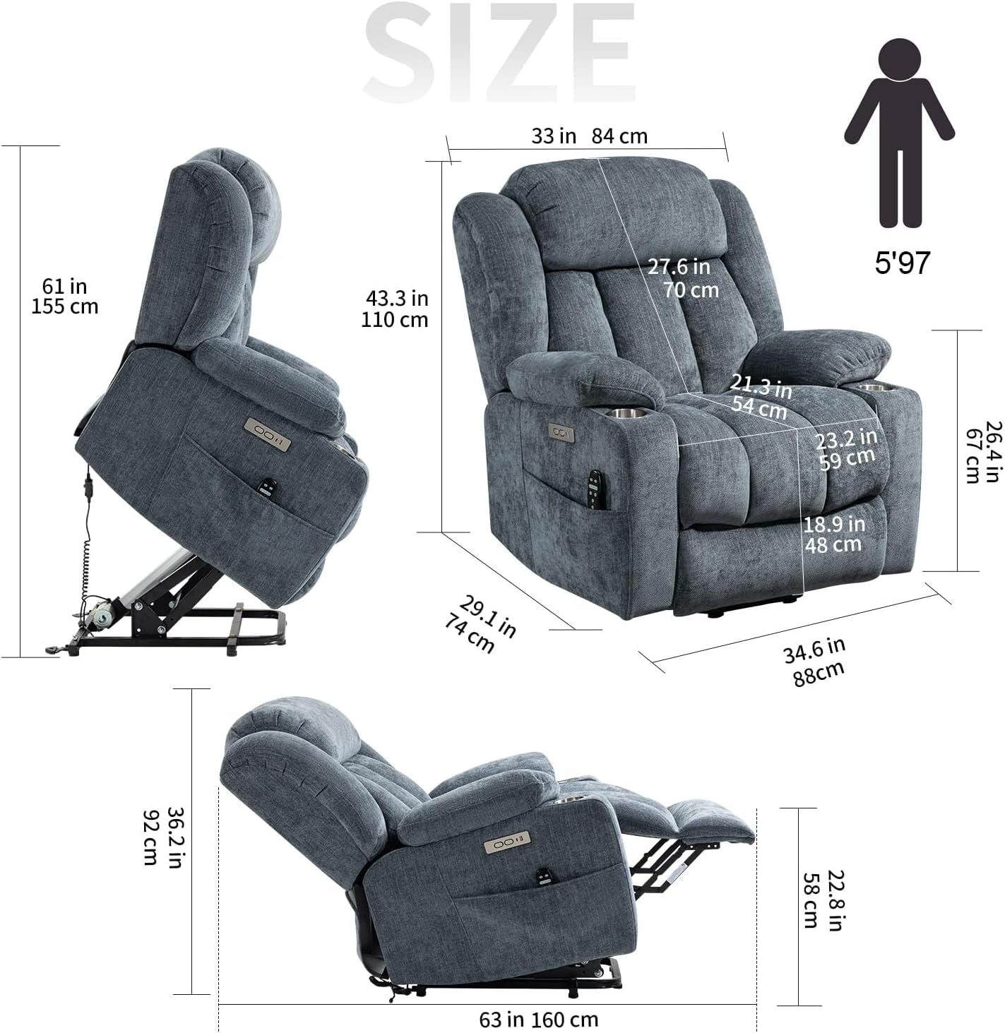 2024 Power Lift Recliner Chair with Full-Body Massage and Heat for Elderly, Hand Remote Control, Upgraded Powerful Motor, USB Ports, Stainless Steel Cup Holders, Chenille Blue-2