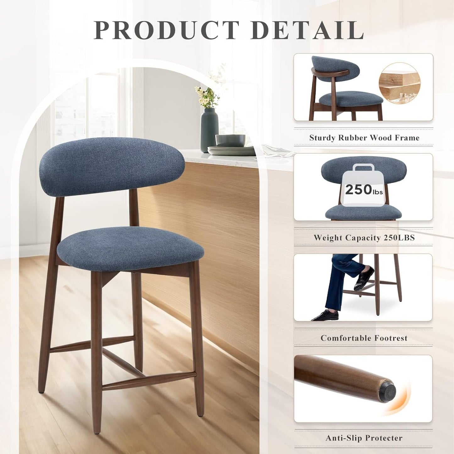 Wood Bar Stools Set of 3, Counter Height Bar Stools, Mid Century Modern Bar Stools with Back, 25 Inch Upholstered Wooden Barstools for Kitchen Island Dining Room Bar, Blue-3