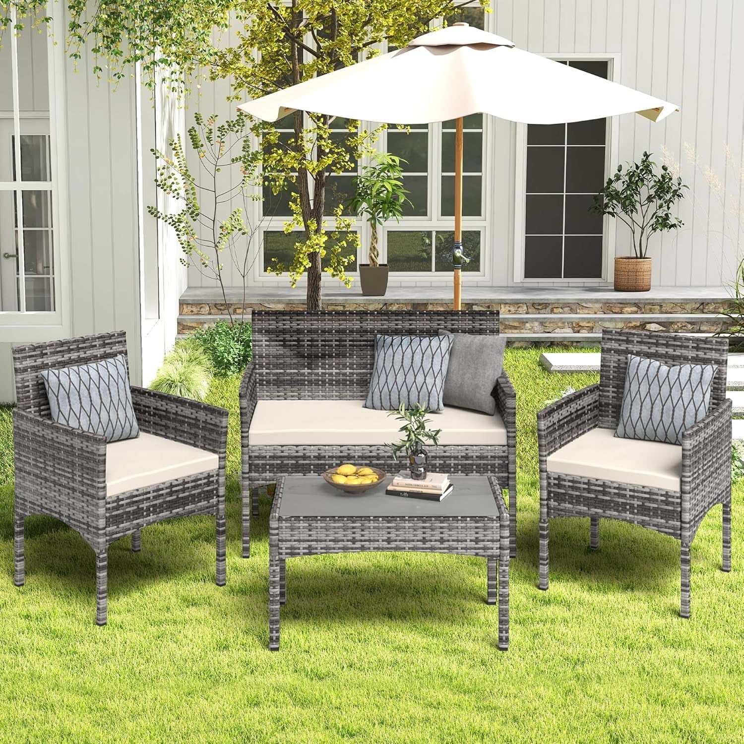 4 Pieces Patio Furniture Set, Outdoor Wicker Rattan Patio Conversation Furniture Set with Waterproof Cushion and Table for Lawn Backyard, Garden, Balcony, Porch and Poolside (Dark Grey)-1