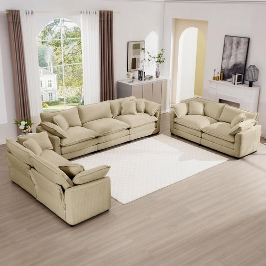 Luxury 3 Piece Sofa Set, 3-Seater & 2 Loveseat Couch Set, Modern Corduroy Comfy Cloud Couches Set for Living Room Office with 6 Armrest Pillows and 7 Toss Pillows, Camel-0